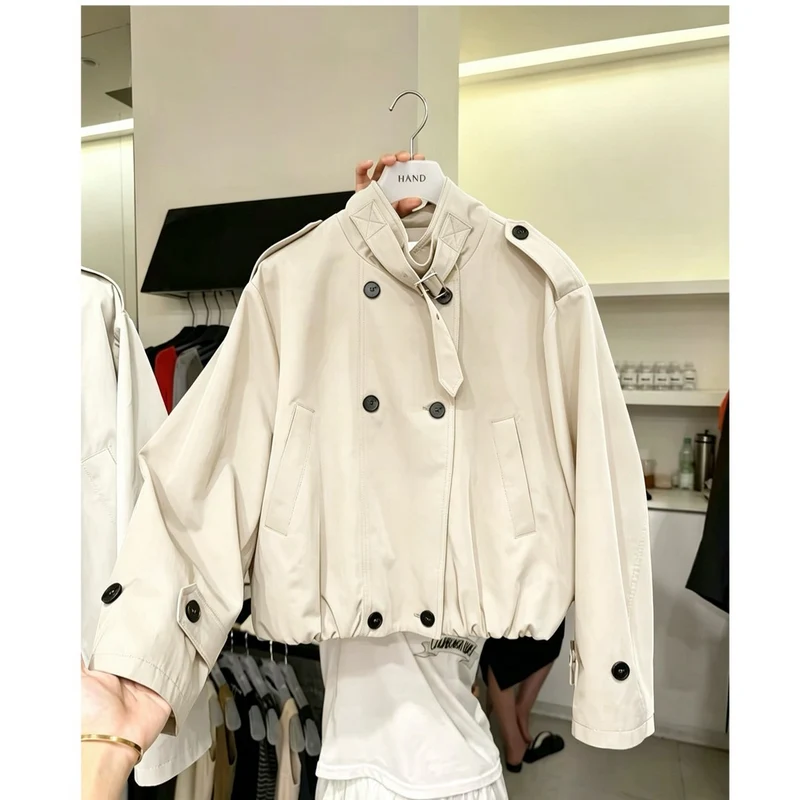 Damen Kurze Blouson‑Trenchjacke mit Stehkragen, doppelreihiger Knopfleiste und Gummizugsaum Drune