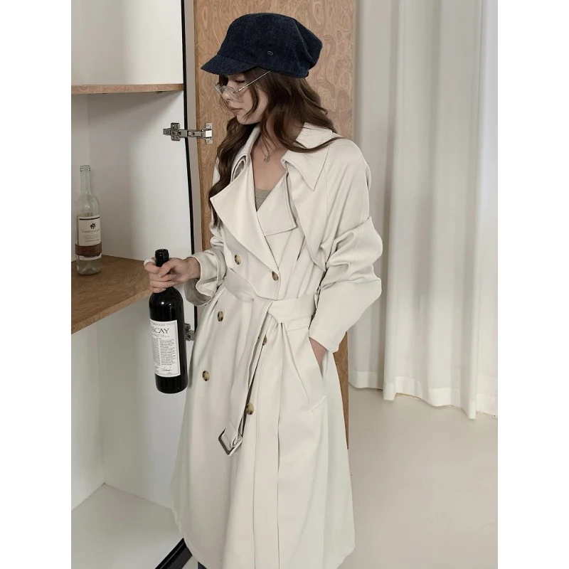 Damen Kastenförmiger Midilanger Trenchcoat mit weichem Fall und verstellbaren Manschetten Drune