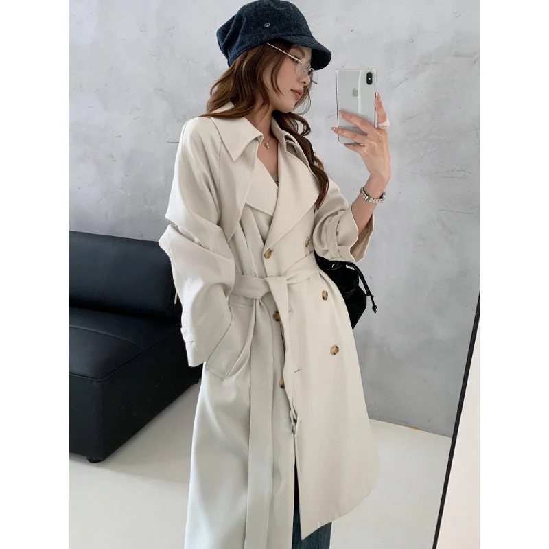 Damen Kastenförmiger Midilanger Trenchcoat mit weichem Fall und verstellbaren Manschetten Drune