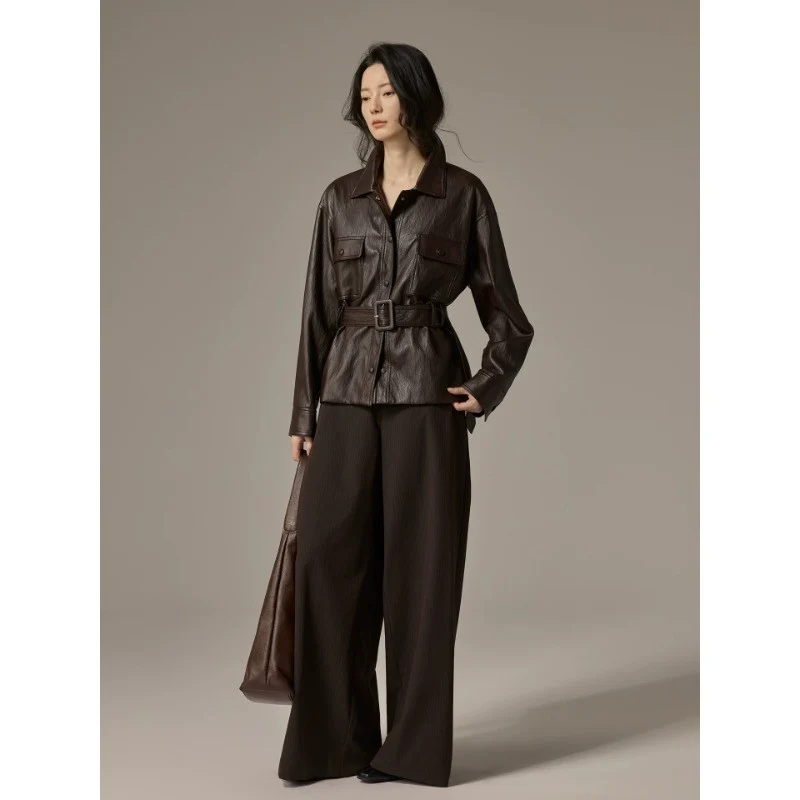 Damen Hemdjacke aus Lederoptik mit tailliertem Gürtel Drune