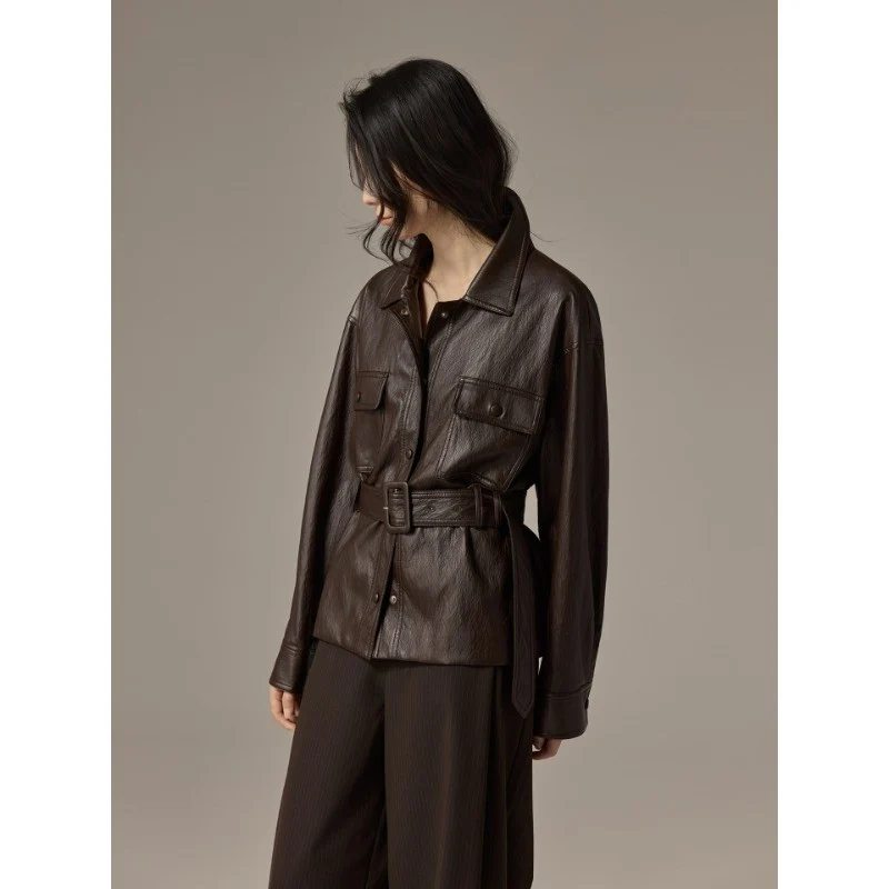 Damen Hemdjacke aus Lederoptik mit tailliertem Gürtel Drune