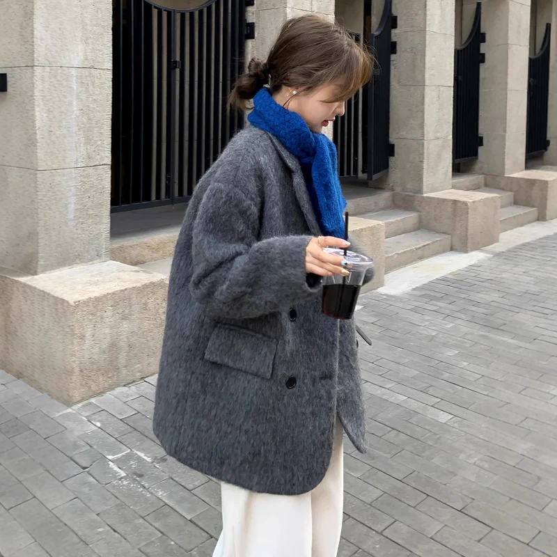 Damen Grobgestrickter Wollmix-Longmantel mit Oversize‑Silhouette und doppelreihiger Knopfleiste Drune