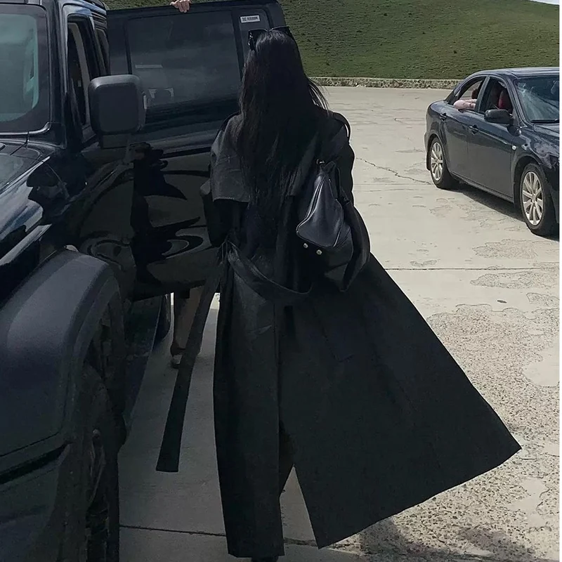 Damen Eleganter Baumwoll-Mix Trenchcoat mit asymmetrischer Schulterklappe und Bindegürtel Drune