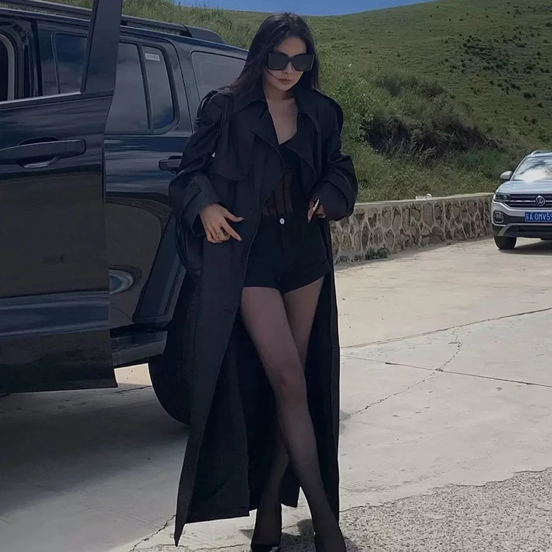Damen Eleganter Baumwoll-Mix Trenchcoat mit asymmetrischer Schulterklappe und Bindegürtel Drune
