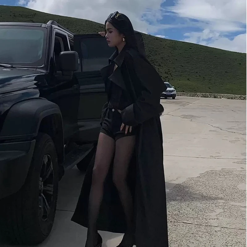 Damen Eleganter Baumwoll-Mix Trenchcoat mit asymmetrischer Schulterklappe und Bindegürtel Drune