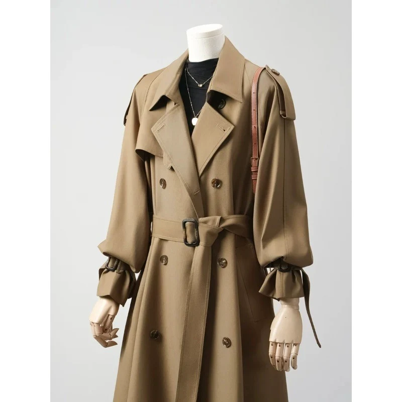Damen Doppelreihiger Trenchcoat mit Taillengürtel und Ballonärmeln Drune