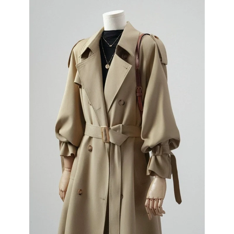 Damen Doppelreihiger Trenchcoat mit Taillengürtel und Ballonärmeln Drune