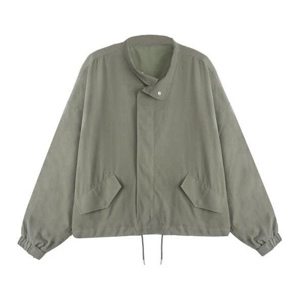 Damen Boxy-Kurzjacke im Oversize-Schnitt mit Stehkragen, Tunnelzugsaum und Klappentaschen Drune