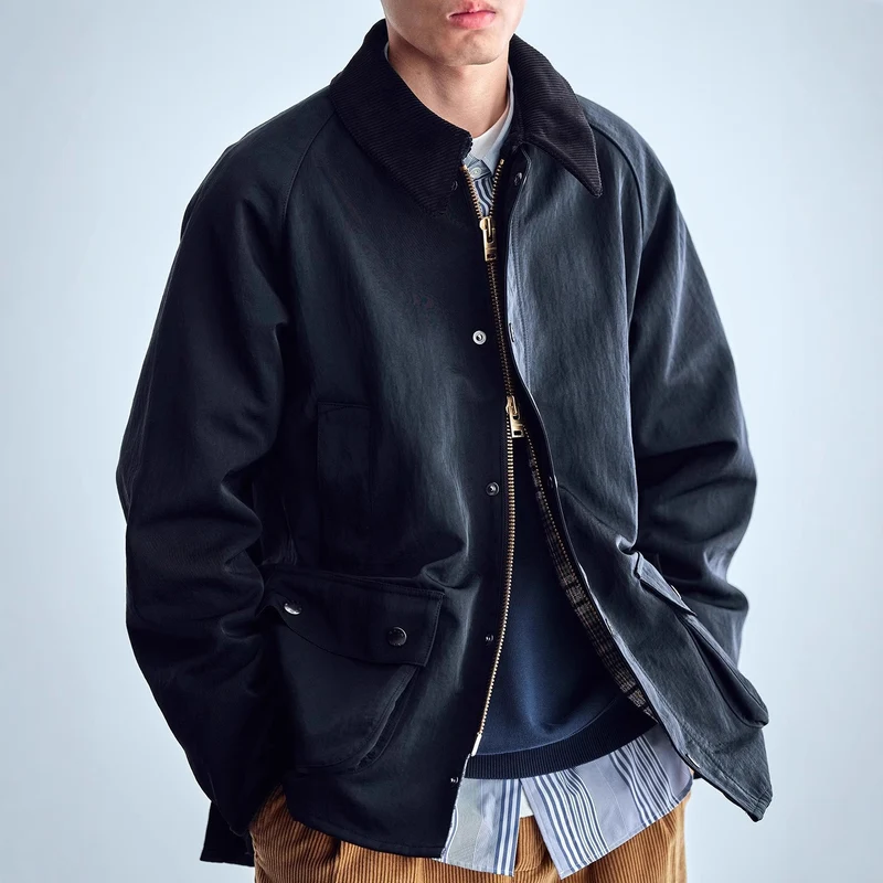Herren Utility-Fieldjacke aus gewachstem Baumwollmix mit Cordkragen Drune