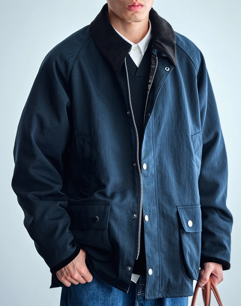 Herren Utility-Fieldjacke aus gewachstem Baumwollmix mit Cordkragen Drune