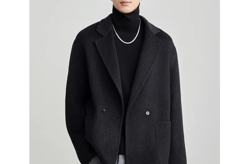 Herren Oversize Doppelknopf-Wollmix-Kurzmantel mit aufgesetzten Taschen Drune