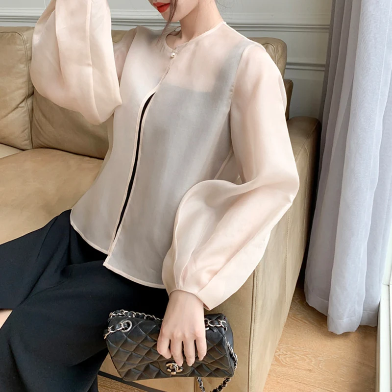 Damen Transparente Bluse mit Puffärmeln Drune