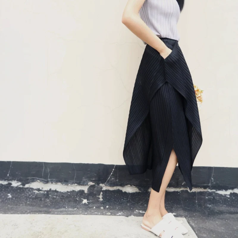 Damen Plissierter Midi-Rock mit asymmetrischem Saum Drune