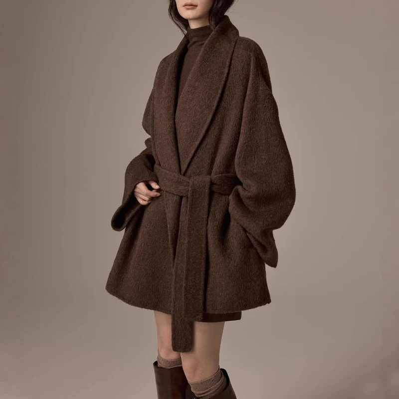 Damen Oversized Wollmantel mit Gürtel Drune