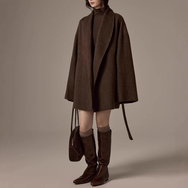 Damen Oversized Wollmantel mit Gürtel Drune