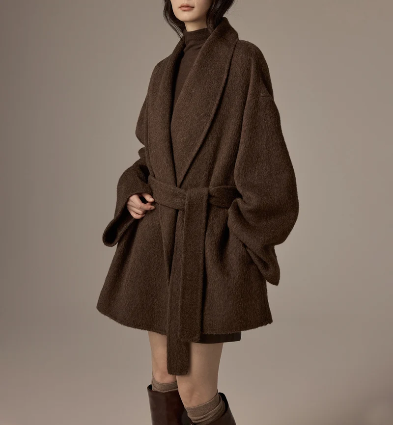 Damen Oversized Wollmantel mit Gürtel Drune