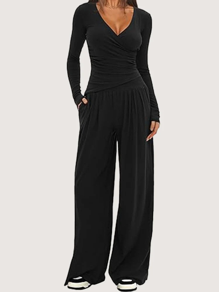 Damen nan zweiteiliges Jersey-Set mit asymmetrischer Wickeloptik, Langarmtop und weiter High‑Waist‑Hose Drune