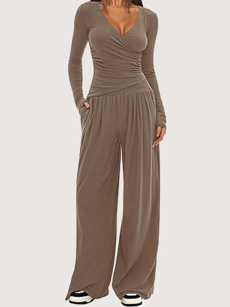 Damen nan zweiteiliges Jersey-Set mit asymmetrischer Wickeloptik, Langarmtop und weiter High‑Waist‑Hose Drune