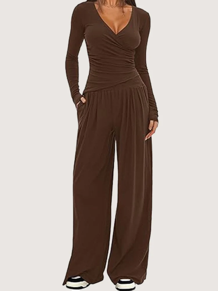 Damen nan zweiteiliges Jersey-Set mit asymmetrischer Wickeloptik, Langarmtop und weiter High‑Waist‑Hose Drune