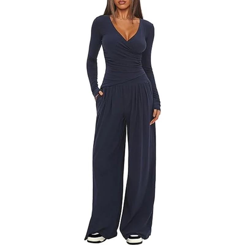 Damen nan zweiteiliges Jersey-Set mit asymmetrischer Wickeloptik, Langarmtop und weiter High‑Waist‑Hose Drune