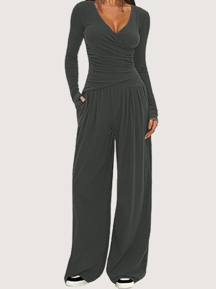 Damen nan zweiteiliges Jersey-Set mit asymmetrischer Wickeloptik, Langarmtop und weiter High‑Waist‑Hose Drune
