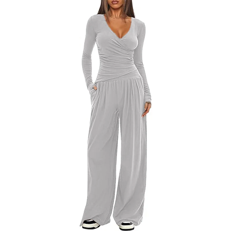 Damen nan zweiteiliges Jersey-Set mit asymmetrischer Wickeloptik, Langarmtop und weiter High‑Waist‑Hose Drune