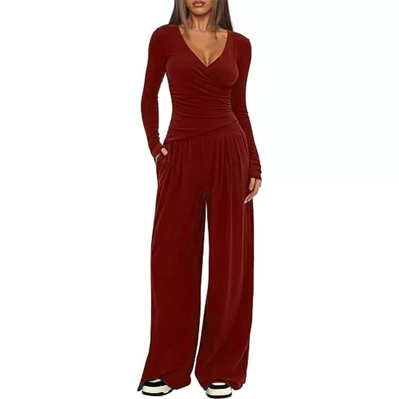 Damen nan zweiteiliges Jersey-Set mit asymmetrischer Wickeloptik, Langarmtop und weiter High‑Waist‑Hose Drune
