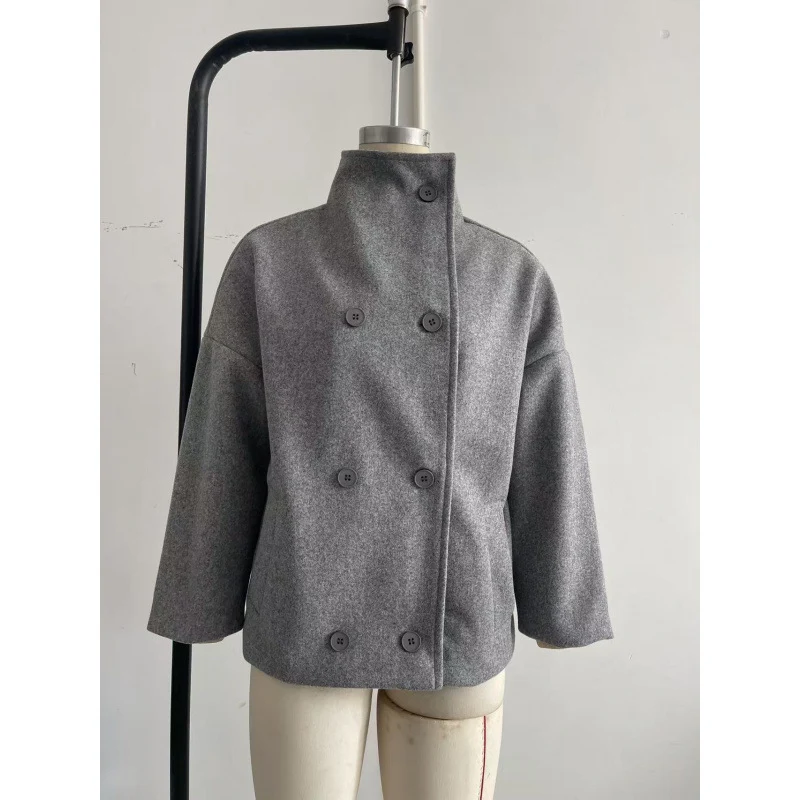 Damen Oversized Wolljacke mit hohem Kragen und doppelter Knopfleiste Drune