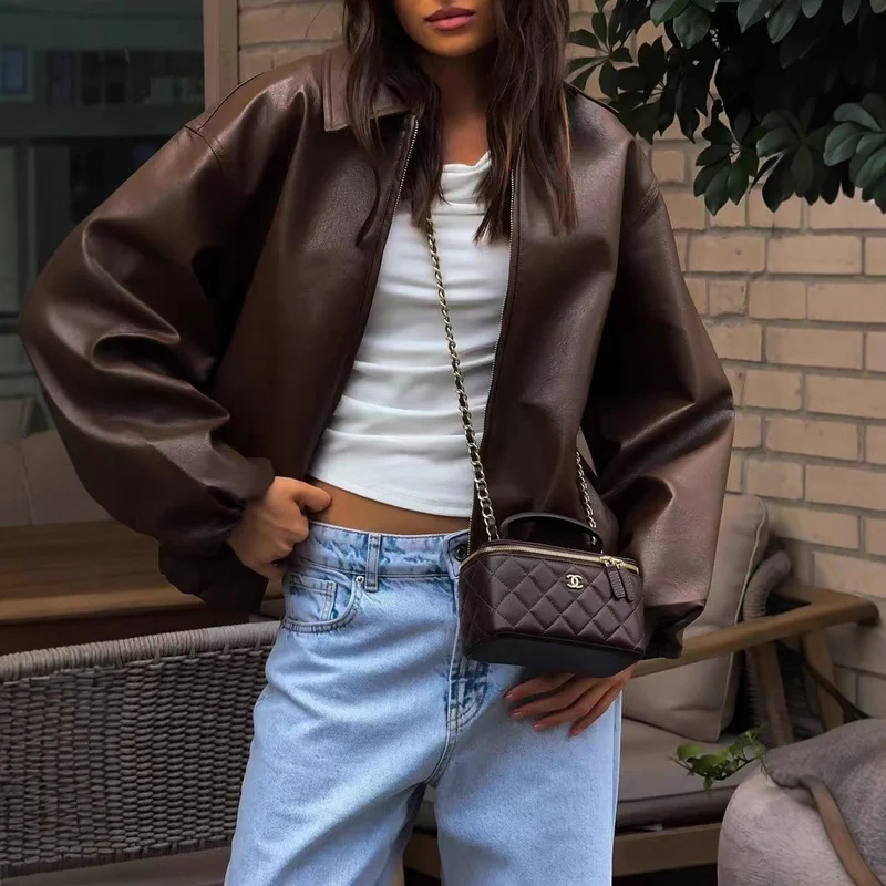 Damen Oversized Lederjacke mit lässigem Schnitt und voluminösen Ärmeln Drune