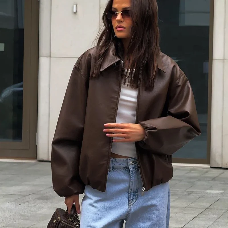 Damen Oversized Lederjacke mit lässigem Schnitt und voluminösen Ärmeln Drune