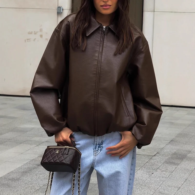 Damen Oversized Lederjacke mit lässigem Schnitt und voluminösen Ärmeln Drune