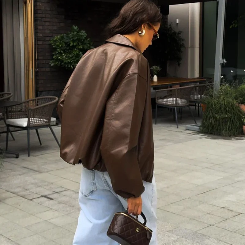 Damen Oversized Lederjacke mit lässigem Schnitt und voluminösen Ärmeln Drune