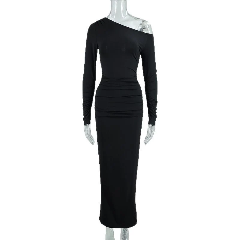 Damen elegantes One-Shoulder Maxikleid mit figurschmeichelnder Raffung Drune