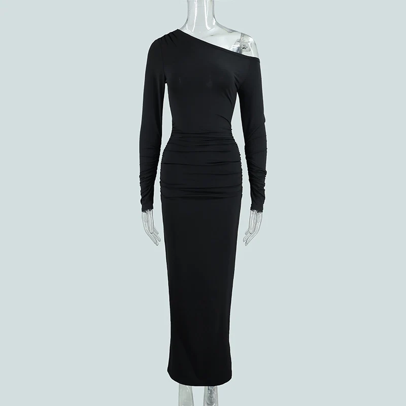 Damen elegantes One-Shoulder Maxikleid mit figurschmeichelnder Raffung Drune