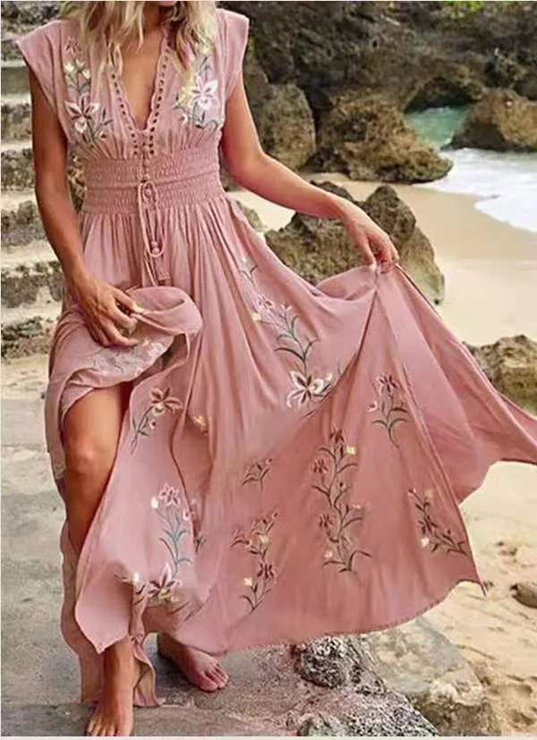 Damen Boho-Maxikleid Bruststickerei Smok-Taillenband Tellerrock