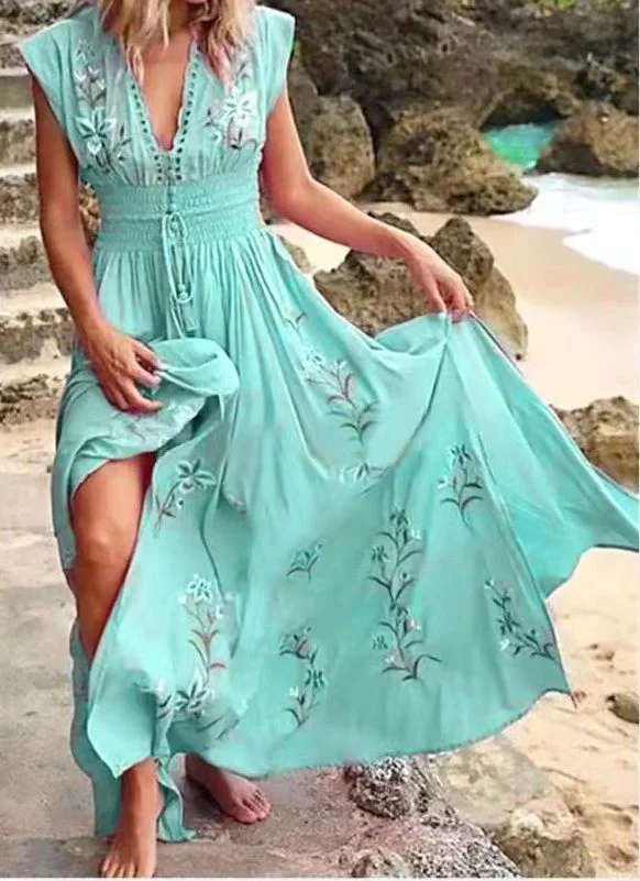 Damen Boho-Maxikleid Bruststickerei Smok-Taillenband Tellerrock