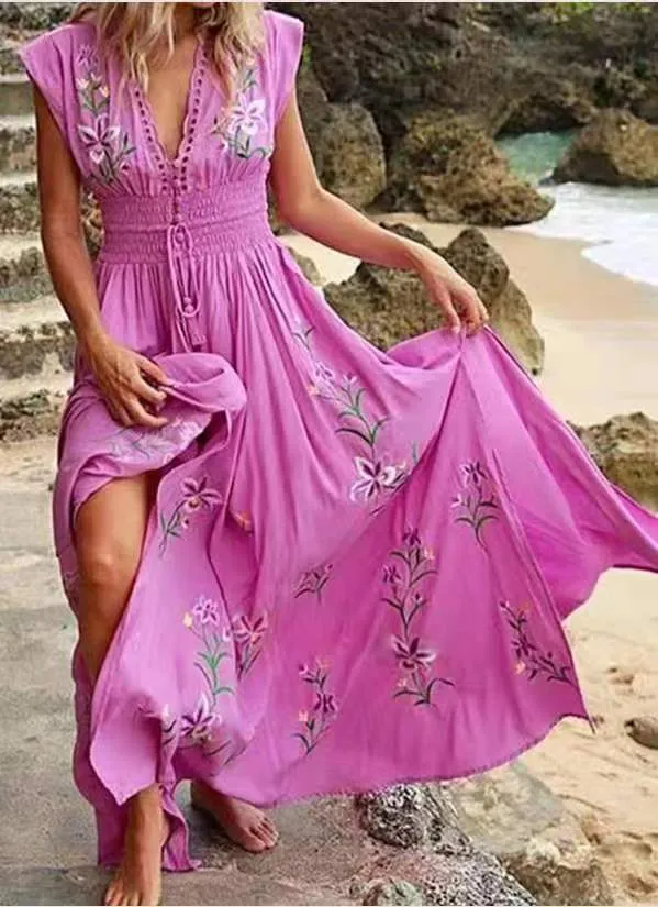 Damen Boho-Maxikleid Bruststickerei Smok-Taillenband Tellerrock