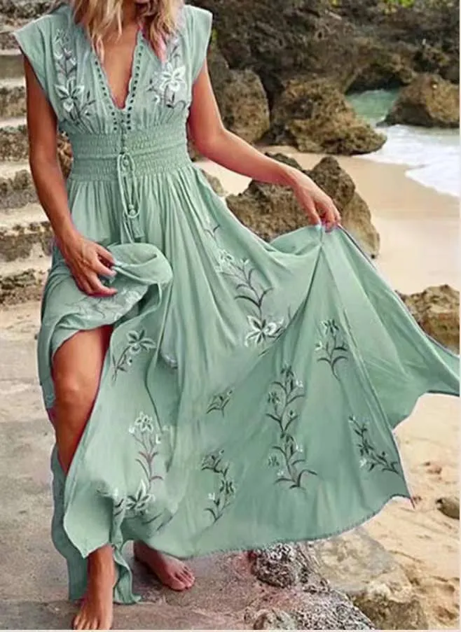 Damen Boho-Maxikleid Bruststickerei Smok-Taillenband Tellerrock