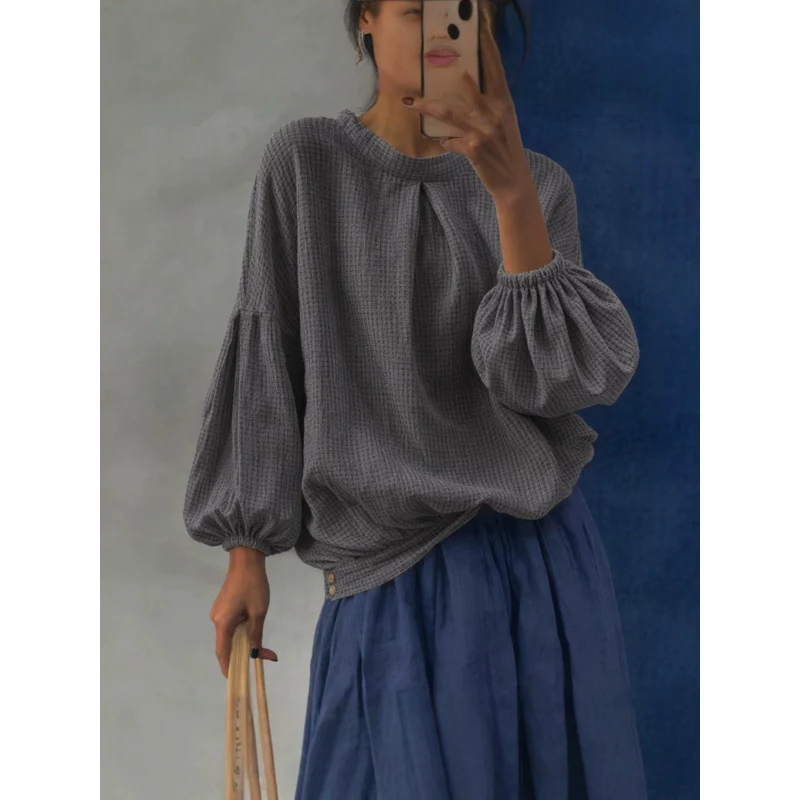 Damen Oversize Waffelstrickpullover mit Ballonärmeln und Kellerfalte Drune
