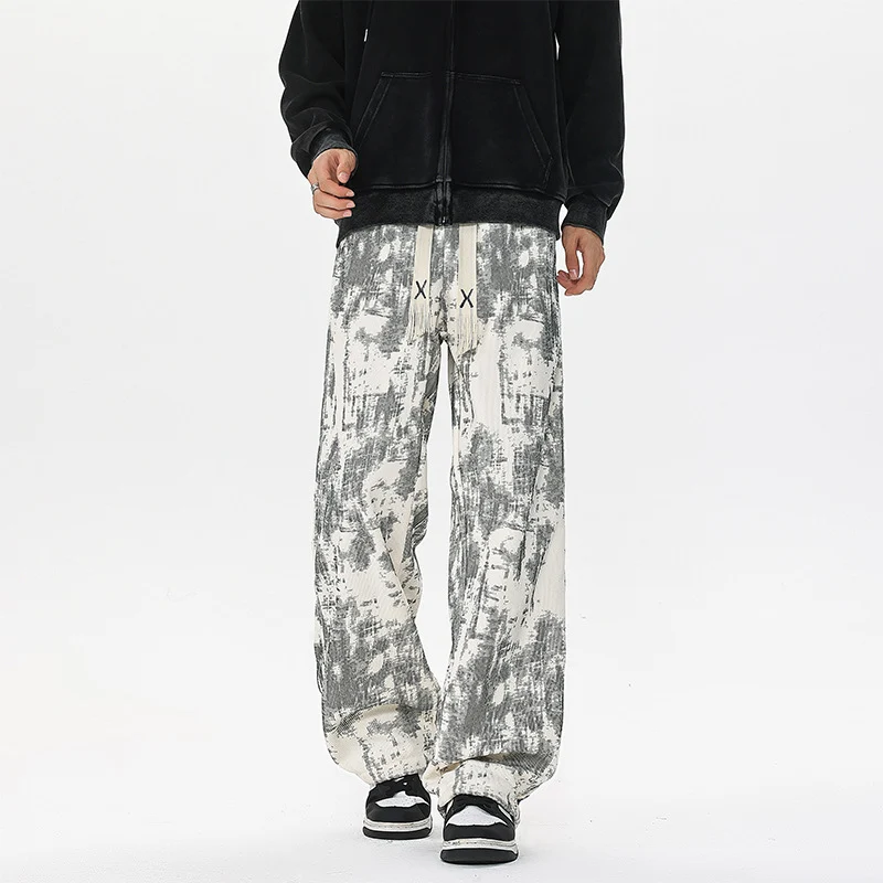 Herren Weit geschnittene Loungehose mit abstraktem Allover‑Print, elastischem Bund und Tunnelzug Drune