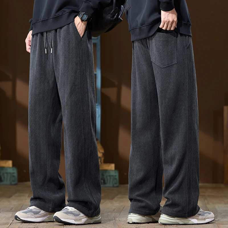 Herren Weit geschnittene Lounge-Hose aus geripptem Strukturstoff mit elastischem Bund und Tunnelzug Drune