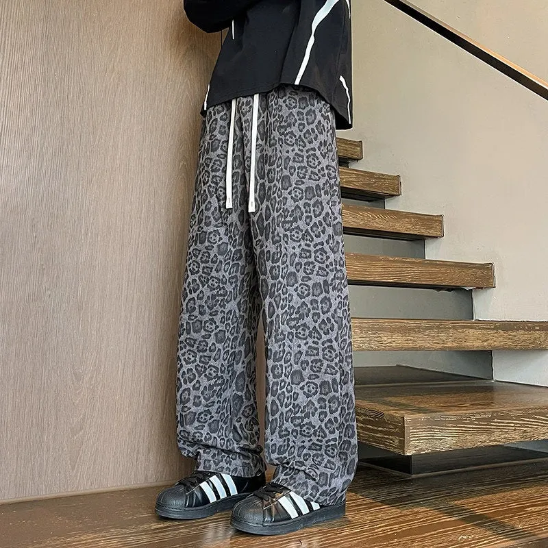 Herren Weit geschnittene Leoprint-Hose aus leichtem Viskose-Mix mit Kordelzug Drune