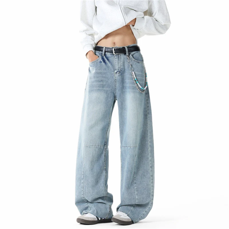 Herren Weit geschnittene Baggy-Jeans mit hoher Bundhöhe, Knie‑Abnähern und Used‑Waschung Drune