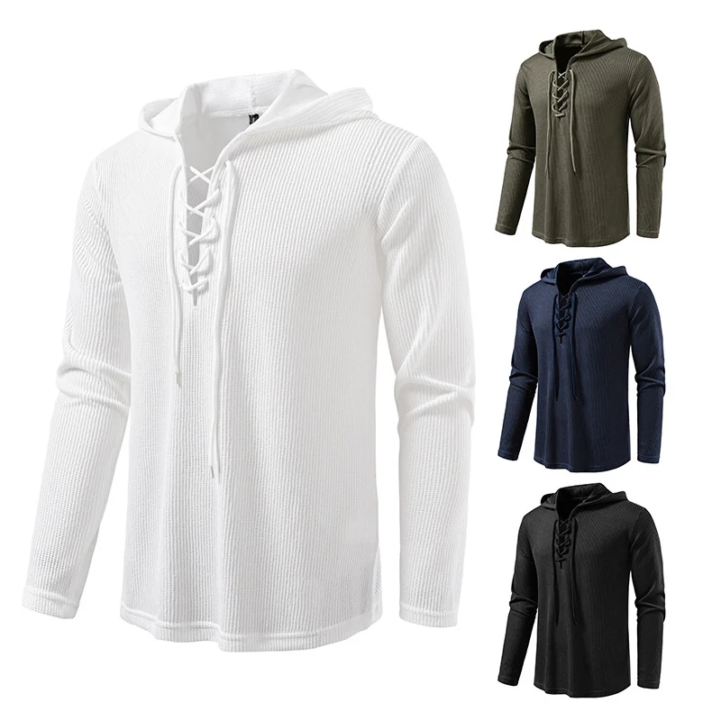 Herren Waffelstrick-Kapuzenpullover mit Schnürkragen und geradem Saum Drune