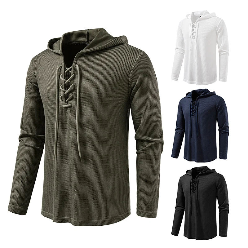 Herren Waffelstrick-Kapuzenpullover mit Schnürkragen und geradem Saum Drune
