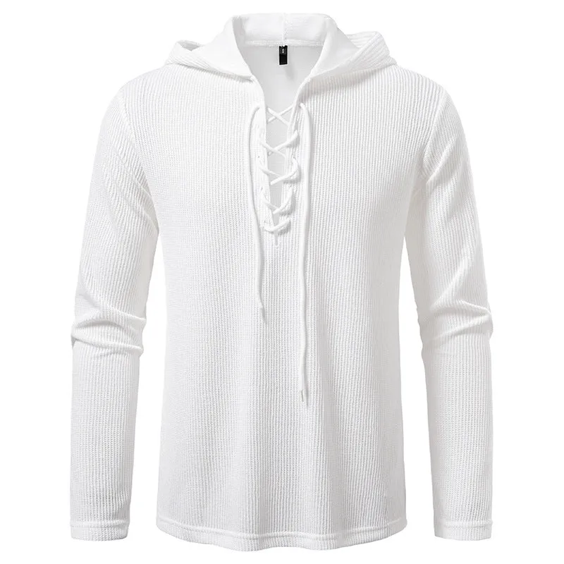 Herren Waffelstrick-Kapuzenpullover mit Schnürkragen und geradem Saum Drune