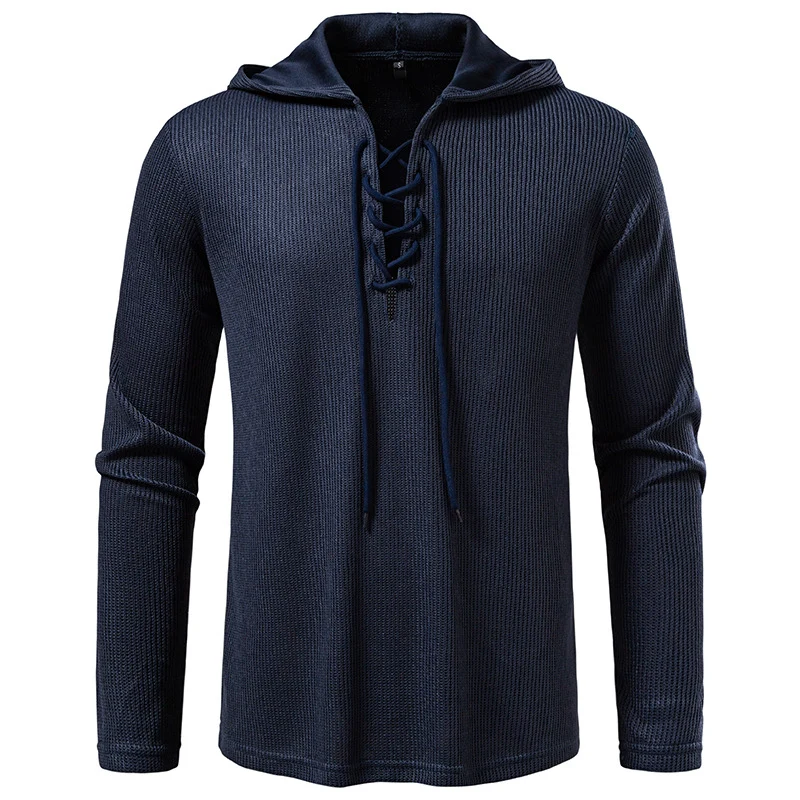 Herren Waffelstrick-Kapuzenpullover mit Schnürkragen und geradem Saum Drune