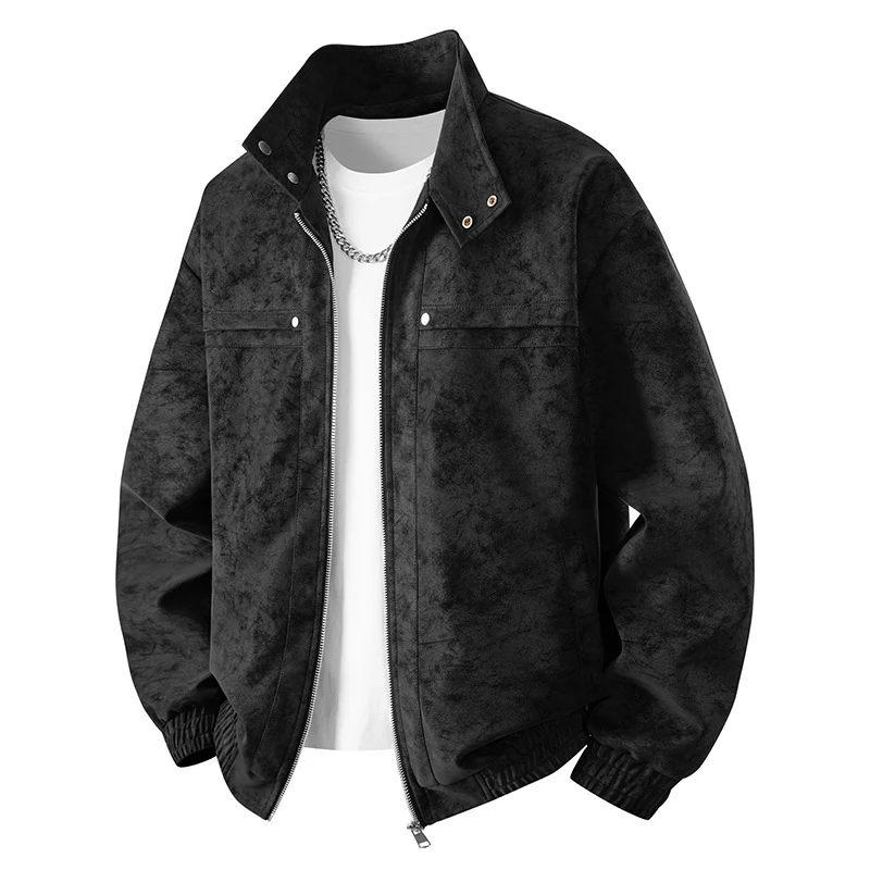 Herren Veloursleder‑Optik Bomberjacke mit Stehkragen, Reißverschluss und elastischem Saum Drune