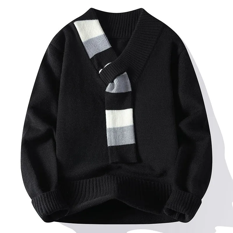 Herren V-Ausschnitt Strickpullover mit integriertem Kontraststreifen-Schal und gerippten Bündchen Drune