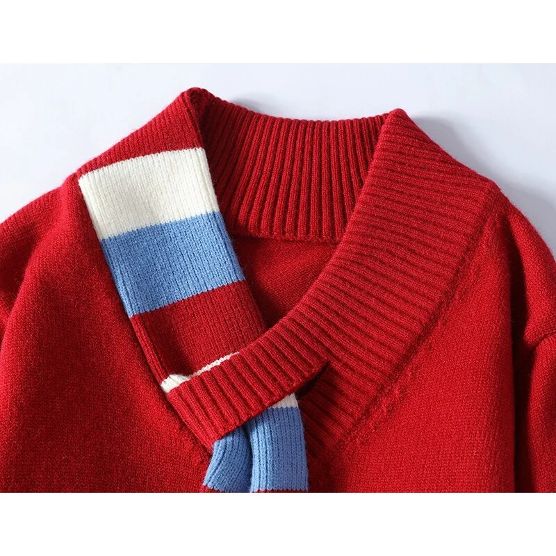 Herren V-Ausschnitt Strickpullover mit integriertem Kontraststreifen-Schal und gerippten Bündchen Drune